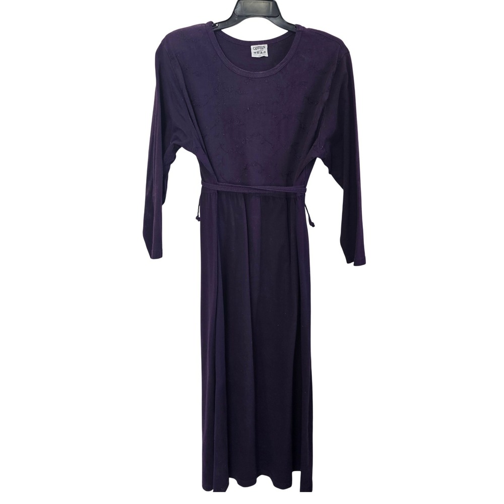 Cotton Wear Purple‎ Long Sleeve Maxi Dress Floral Embroidered Tie Waist 1XL USA